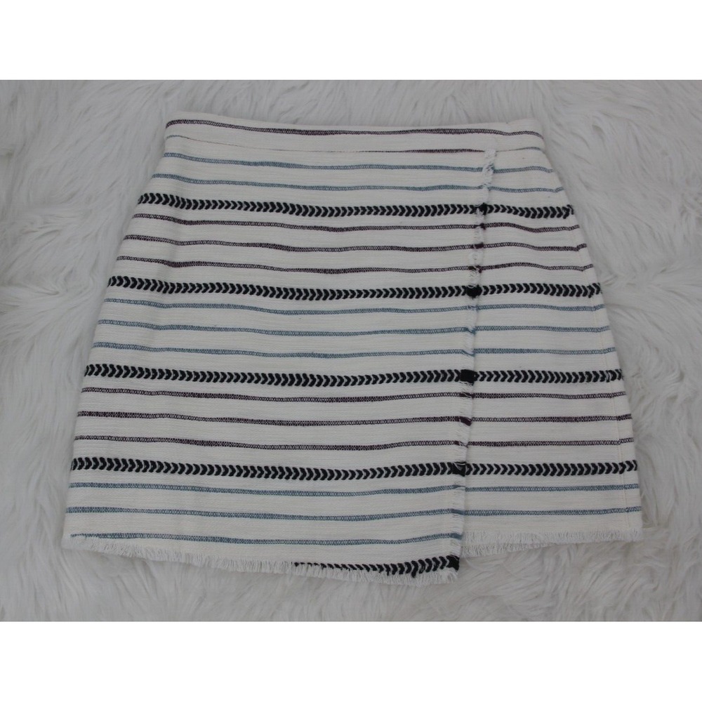 Ann Taylor Loft sz 10 Women's Lined White Striped Skirt Faux Wrap Fringe #935